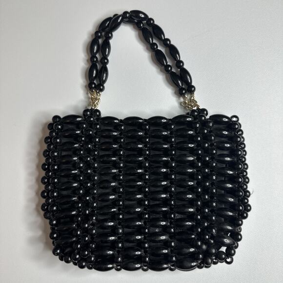 Vintage Black Beaded Small Handbag Purse Hong Kong 1960s Mod Retro Glam - Picture 1 of 14